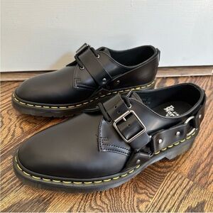Dr. Martens Black Leather Cut-Out Buckle Oxfords with Yellow Stitching